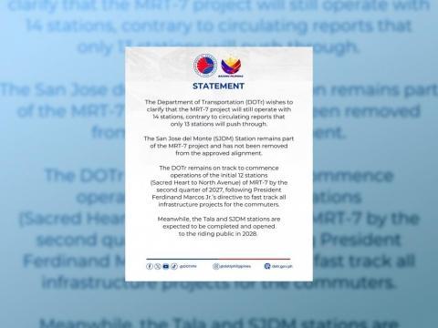 MRT-7 to operate with 14 stations, DOTr says
