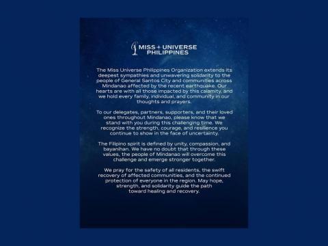 Miss Universe PH expresses sympathy for earthquake