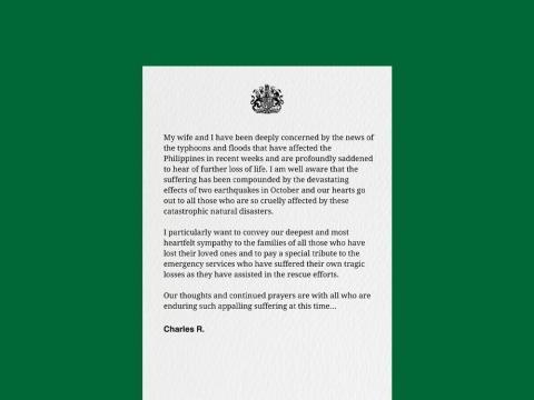King Charles sympathizes with Filipinos after recent typhoons and earthquakes