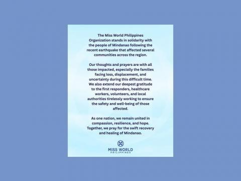 Miss World PH expresses sympathy for earthquake vi