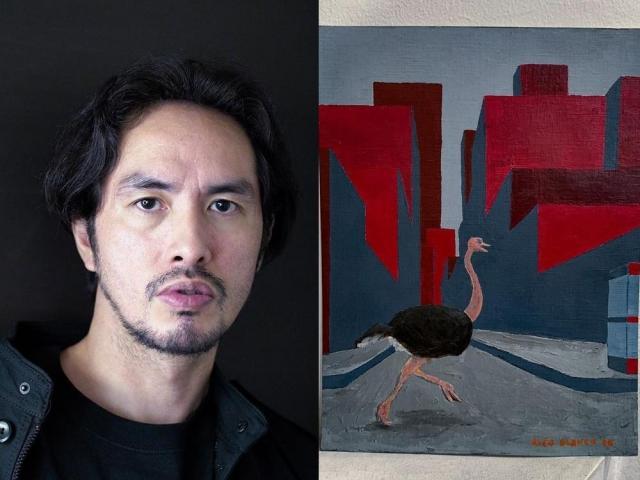 Ostrich walking the city painting by Rico Blanco