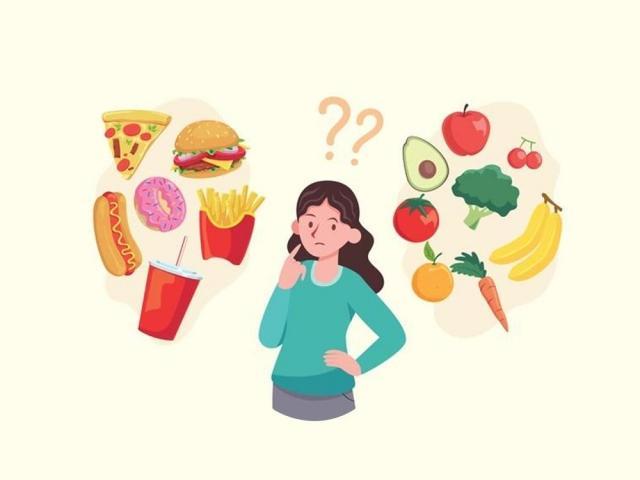 Woman thinking of healthy and unhealthy food
