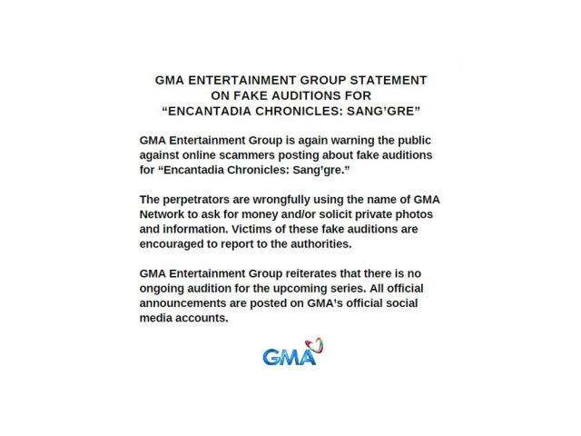 GMA Statement on Fake Auditions for Encantadia Chronicles Sanggre