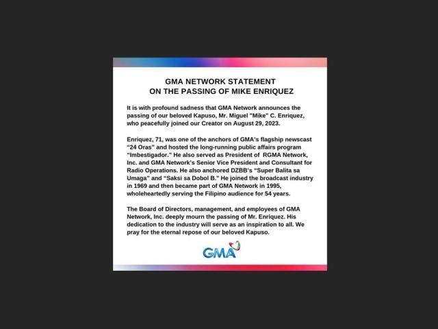 GMA Network Statement on death of Mike Enriquez