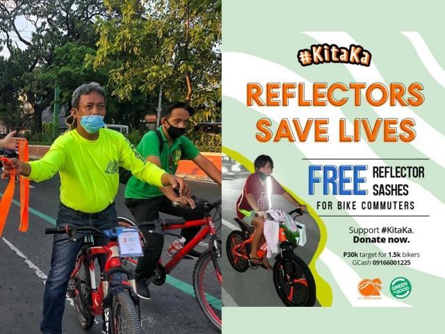 Persons distributing reflectorized sashes to bikers