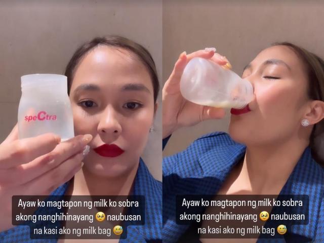 Lovely Abella drinking own breast milk