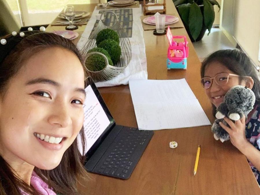Pia Guanio and daughter Scarlet Jenine study together