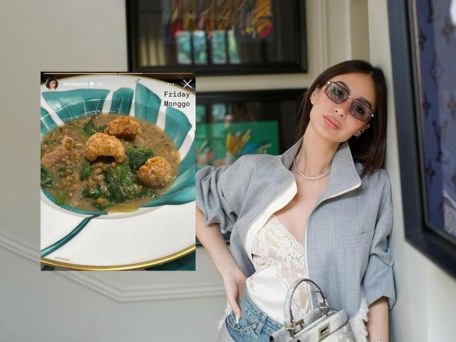 Heart Evangelista eats ginisang munggo with chicharon on designer plate