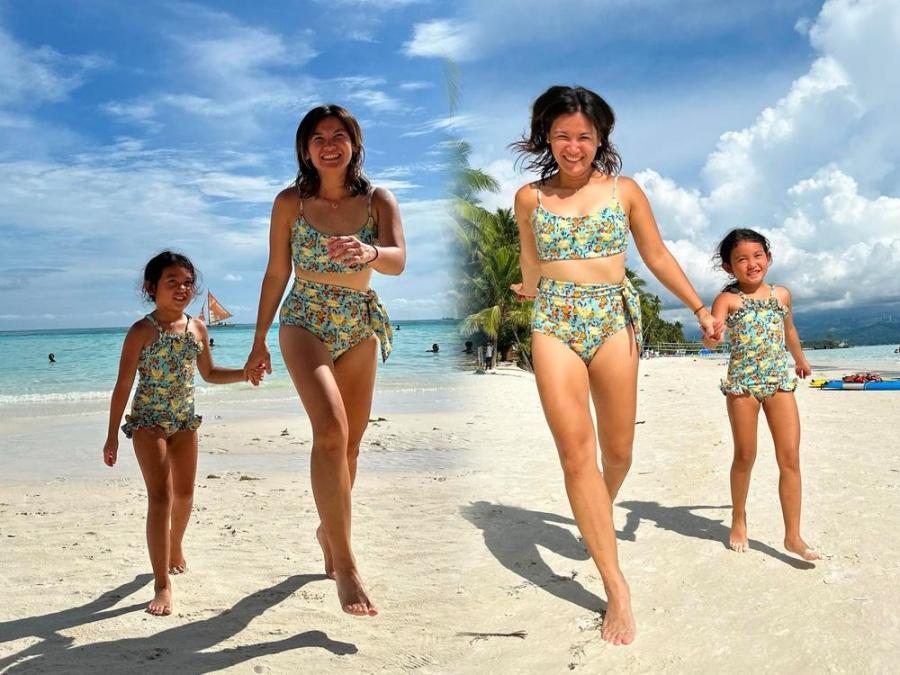 Camille Prats and her daughter Nala wear matching swimsuits in