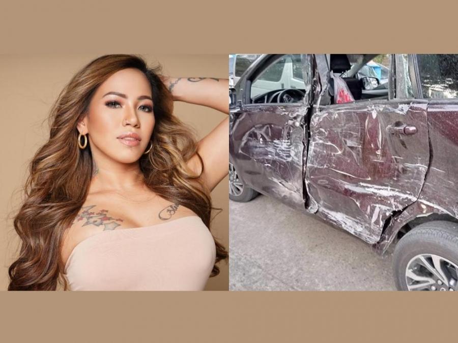 Madam Inutz and wrecked car