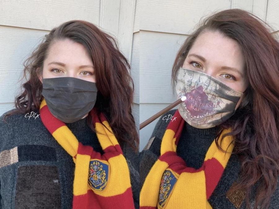 woman wearing harry potter face mask