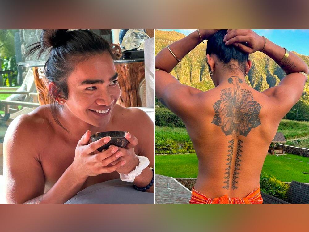 Bretman Rock flexes tribal tattoo he got on his back from pagbabatok session