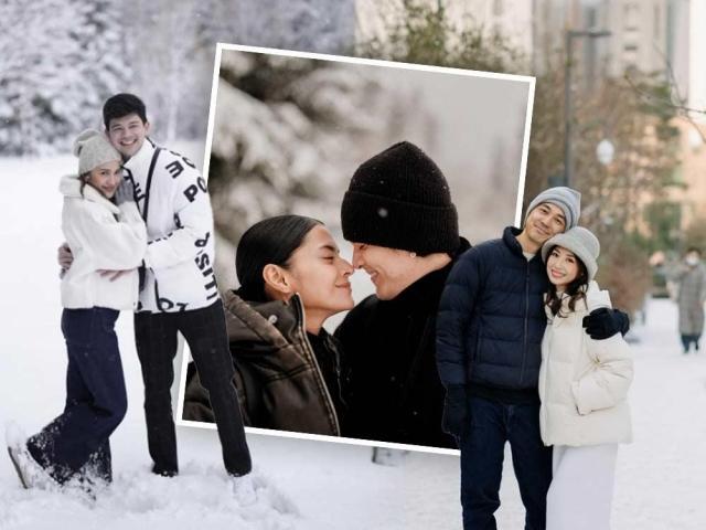 Celebrity couple enjoying the snowy weather