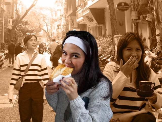 Rain Matienzo in Hanoi, Rain Matienzo eating Vietnamese food, Rain Matienzo smiling with coffee