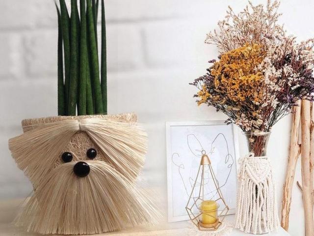 dog planter and dried flowers