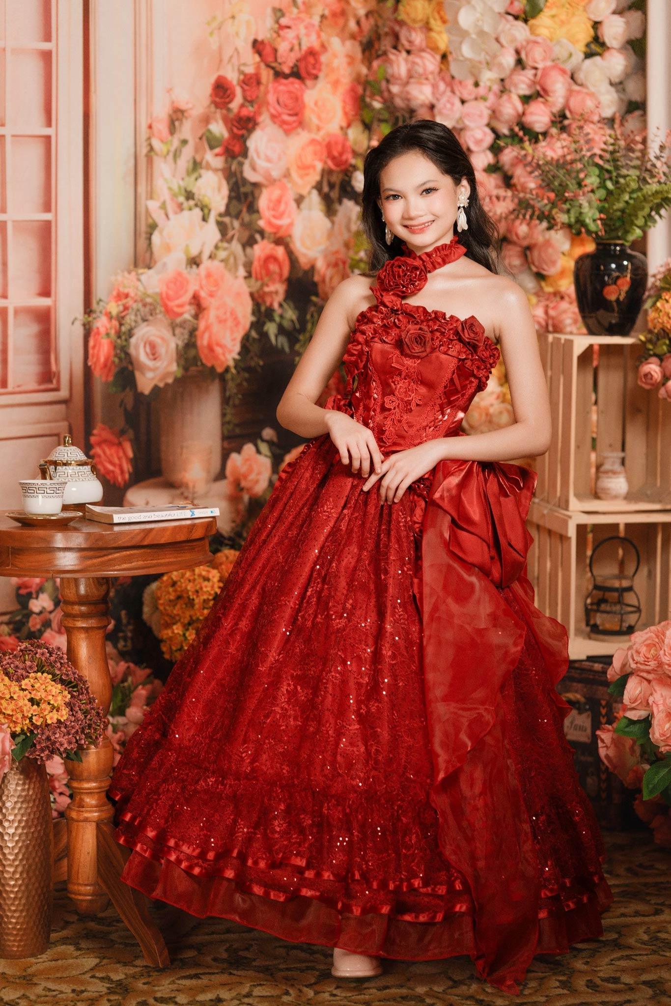 Red floral gown