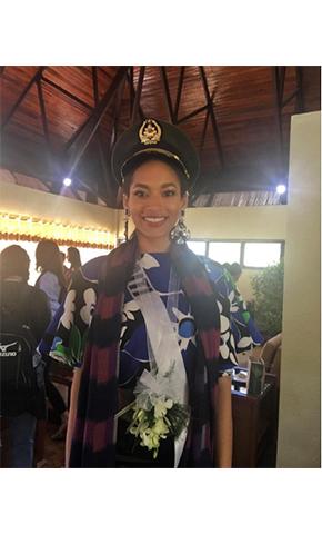 Donning a hand woven scarf from Baguio