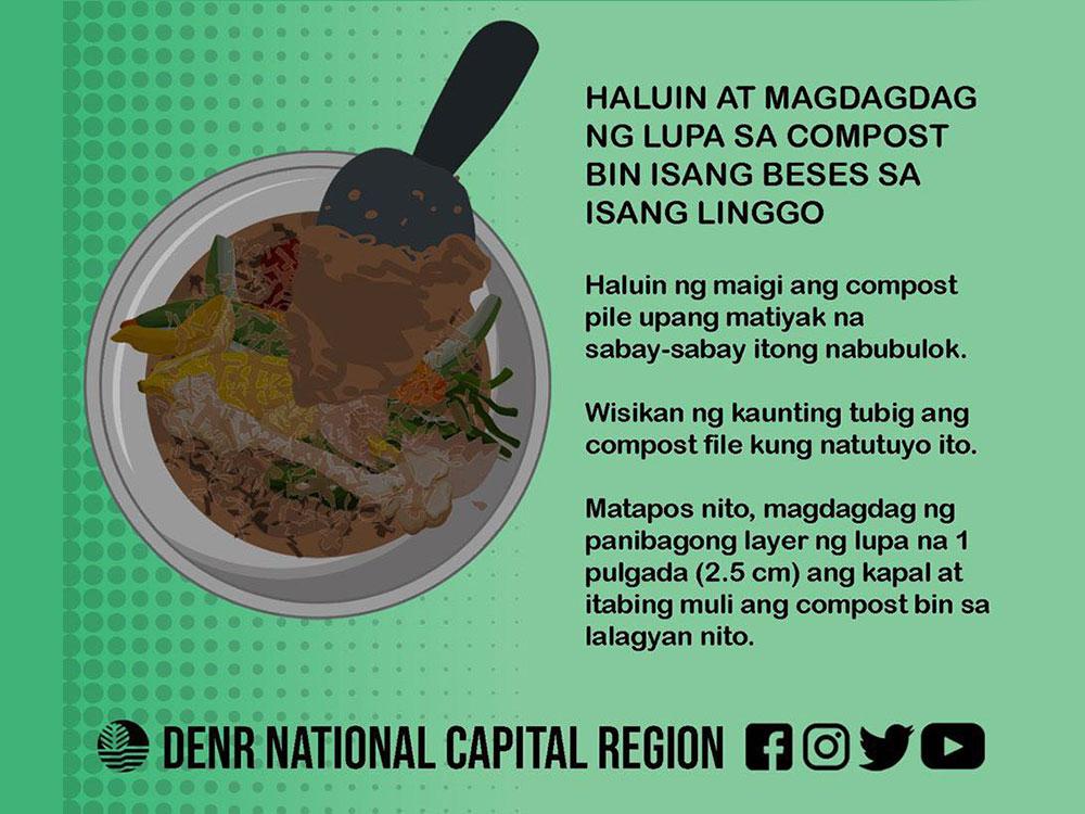 Mix and add soil in the compost bin once every week