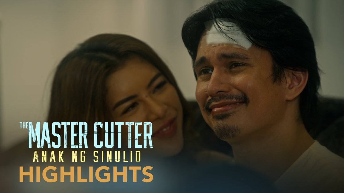「The Master Cutter Anak ng Sinulid Highlights」の文字と、額に包帯を巻いた男性、その後ろで笑う女性が写った場面写真