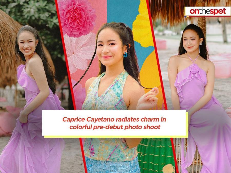 Caprice Cayetanoのデビュー前撮影。淡い紫のドレスや、色鮮やかな背景の前でポーズを取る姿が並ぶ