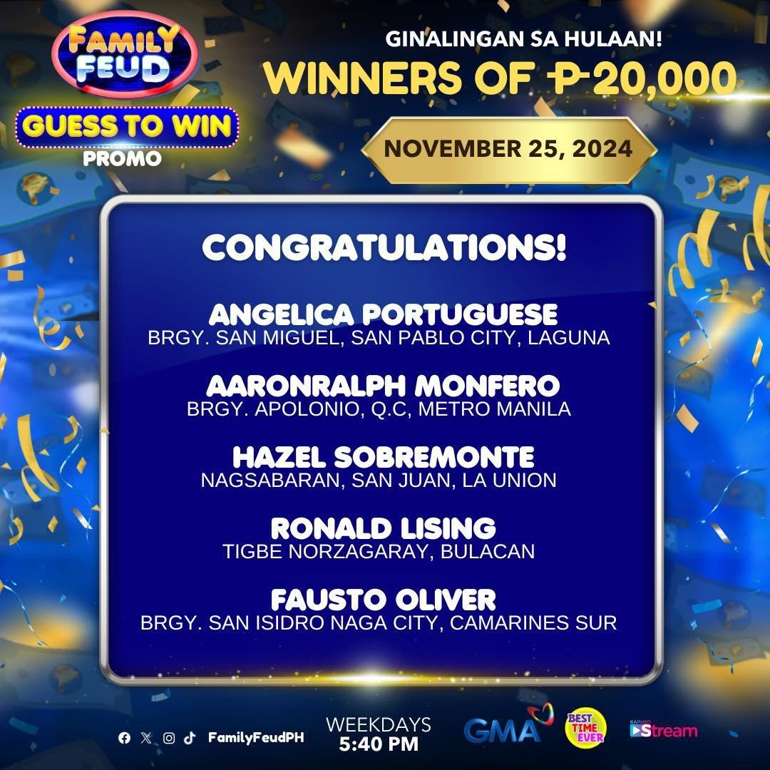 Family Feud Guess to Win Promo Winners for November 25 to 29