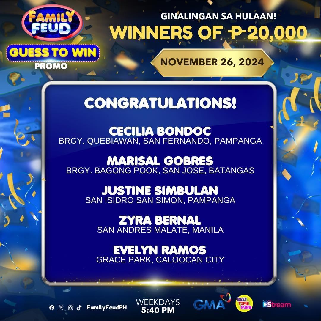 Family Feud Guess to Win Promo Winners for November 25 to 29