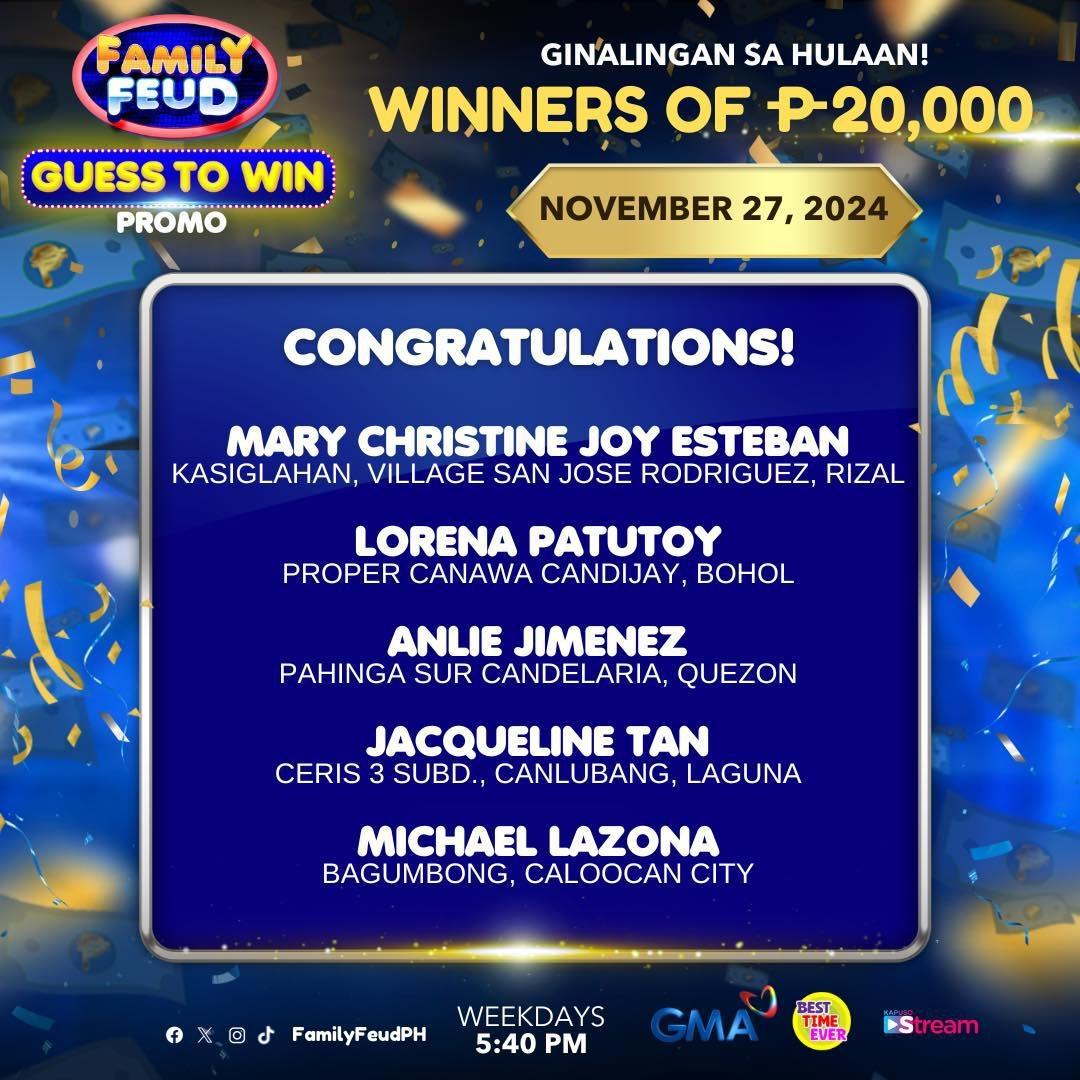 Family Feud Guess to Win Promo Winners for November 25 to 29