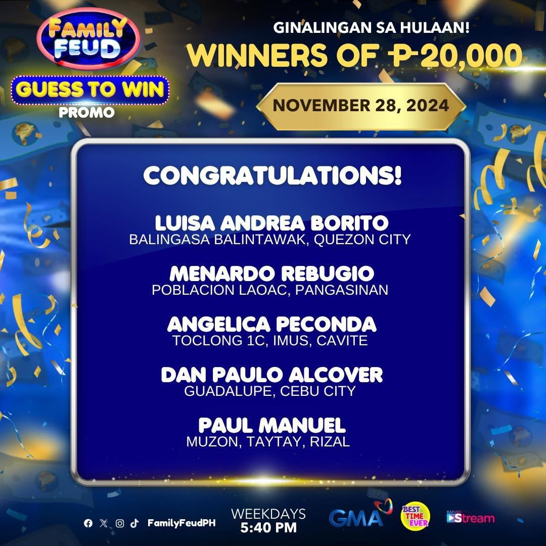 Family Feud Guess to Win Promo Winners for November 25 to 29