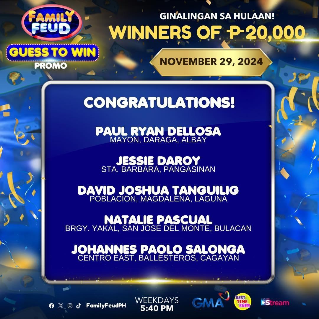 Family Feud Guess to Win Promo Winners for November 25 to 29