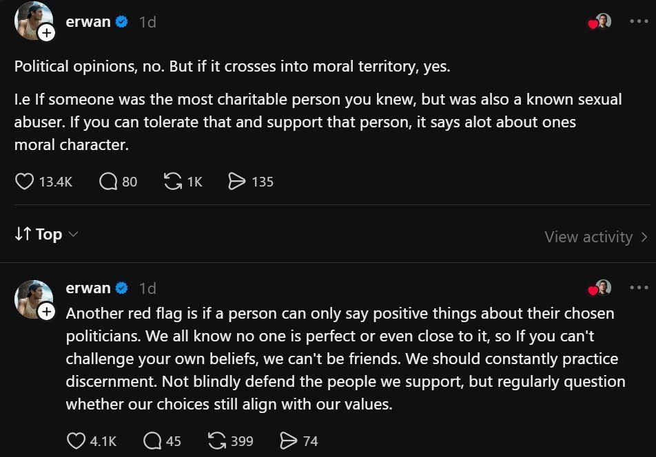 Erwan Heussaff s stand on politics and friendship