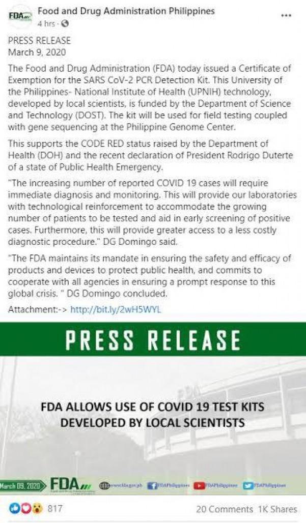 FDA announcement on allowing use of COVID-19 test kits developed by local scientists / Source: FDAPhilippines (FB) 