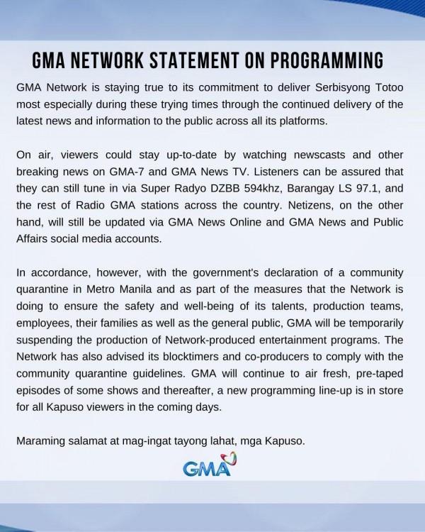 GMA Network Statement on Programming GMA Entertainment
