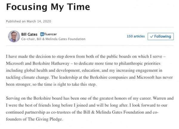 Bill Gates steps down from Microsoft and Berkshire Hathaway public boards / Source: Bill Gates (Linkedin)
