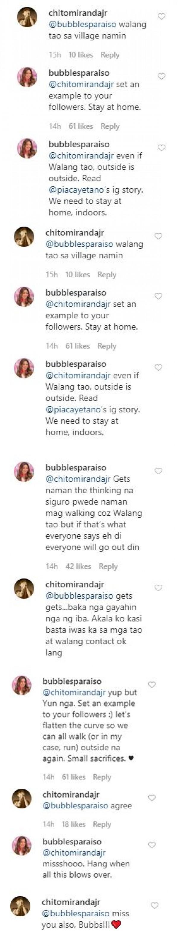 Bubbles Paraiso and Chito Miranda exchange thoughts on social distancing and quarantine.