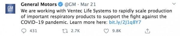 General Motors announced its collaboration with Ventec Life Systems to increase the production of ventilators / Source: GM (Twitter) 