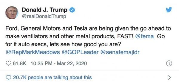 American President Donald Trump approves General Motors move to help in producing ventilators / Source: realDonaldTrump (Twitter) 