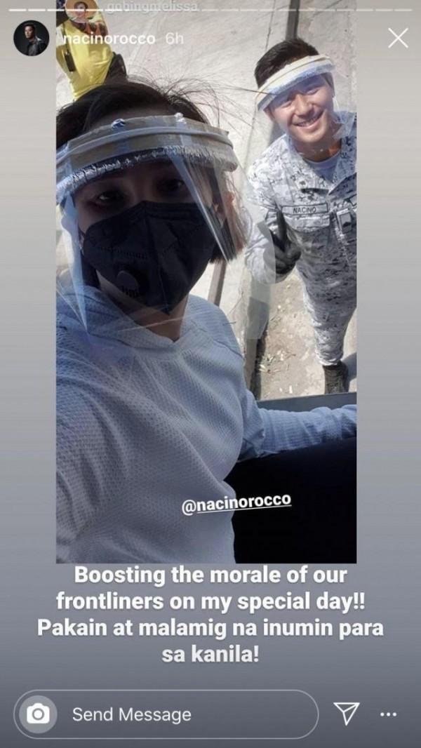 Rocco Nacino and Melissa Gohing pose for a selfie during their food distribution to COVID-19 frontliners