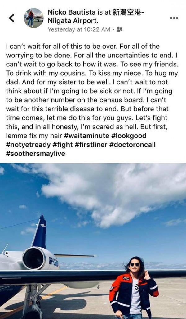 Dr. Nicko Bautista's thoughts and feelings about the Coronavirus pandemic / Source: riabautista (FB)  