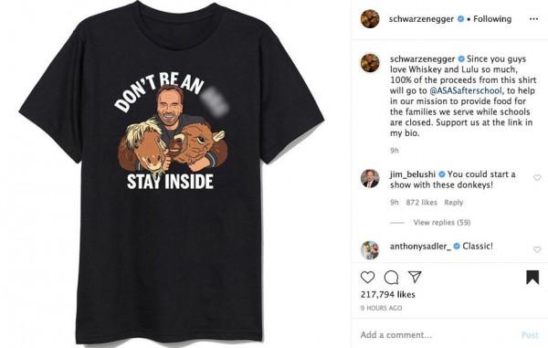 Arnold and his pets' fund-raising T-shirt / Source: schwarzenegger (IG) 