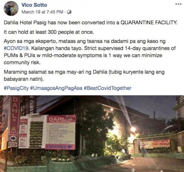 Mayor Vico announced the conversion of Dahlia Hotel into a quarantine facility last March 19
