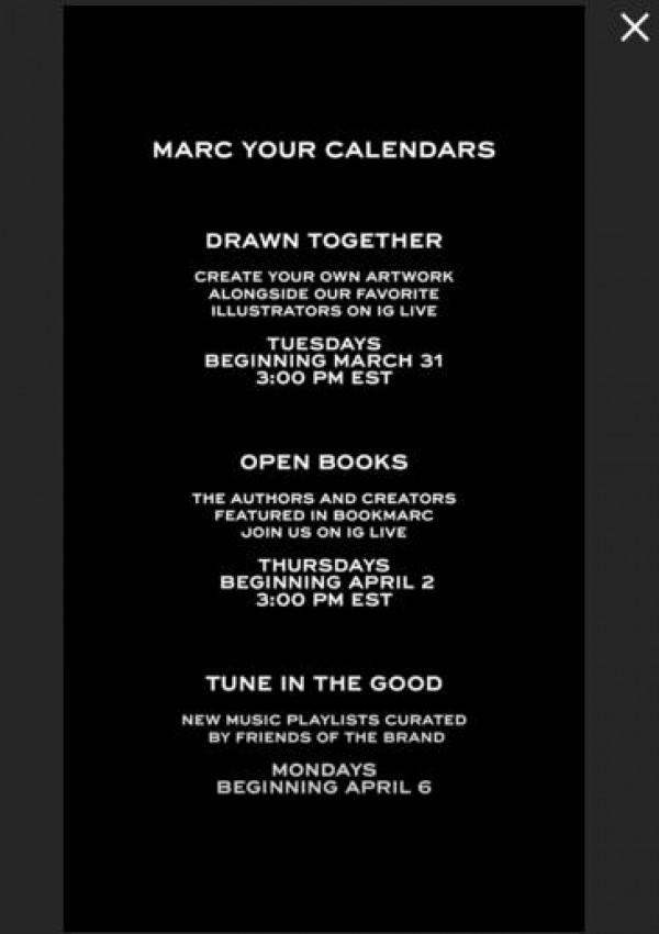 Schedule of Marc Jacobs' weekly digital experiences  |  @marcjacobs (IG)