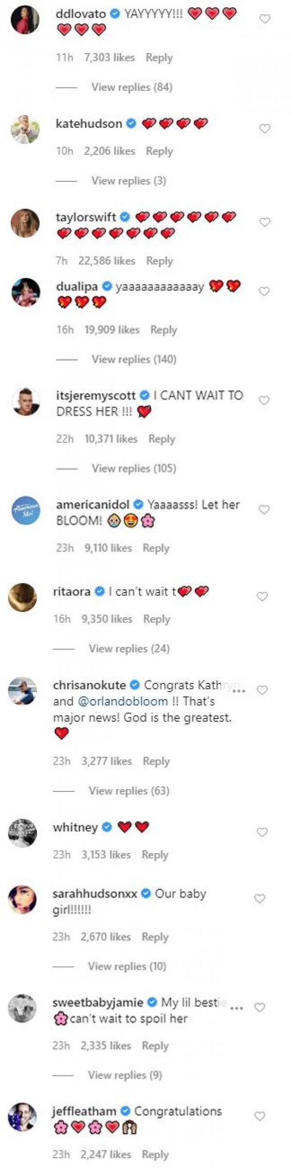 Demi Lovato, Taylor Swift and other celebrities congratulate Katy Perry and Orlando Bloom who are expecting a baby girl.