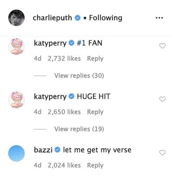 Katy Perry and Bazzi react to Charlie Puth's quarantine song / Source: charlieputh (IG)  