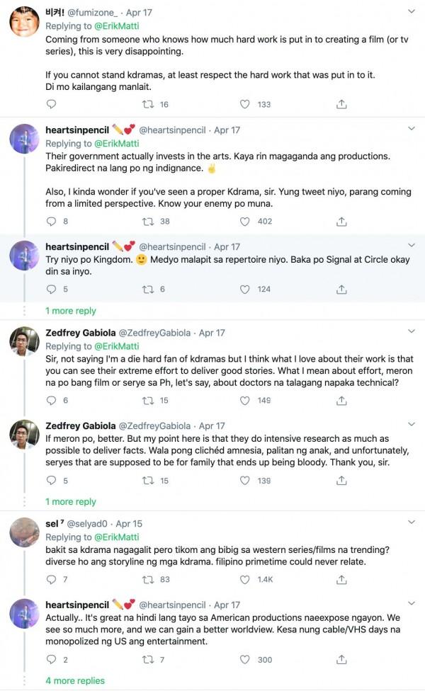 Netizens comments on Erik Matti s tweets about Kdramas Source ErikMatti Twitter