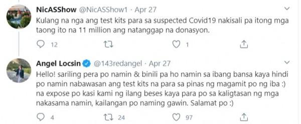 Angel Locsin sinagot ang netizen tungkol sa paggamit ng test kits para sa COVID-19