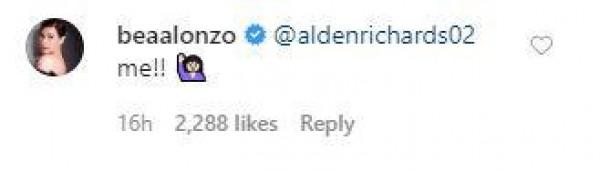 Bea Alonzos comment on Alden Richards Instagram account