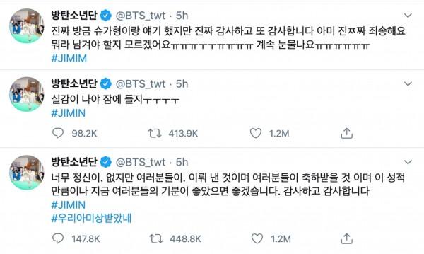  Jimin s series of tweets after receiving news of their win on Billboard Hot 100