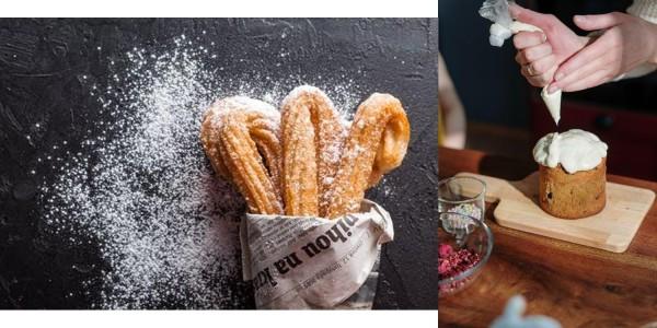 churros with powdered sugar and woman using piping bags