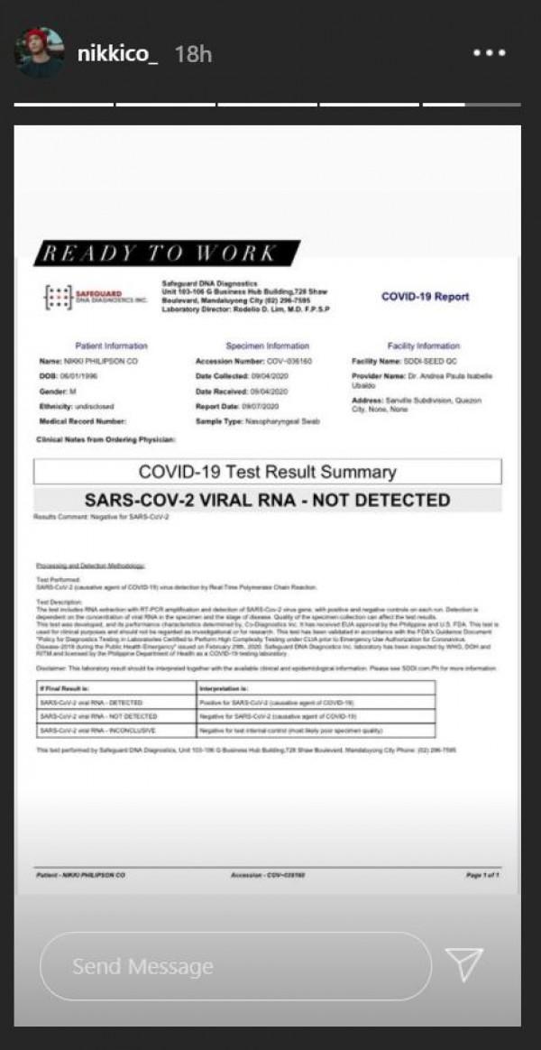 COVID19 test result of Nikki Co