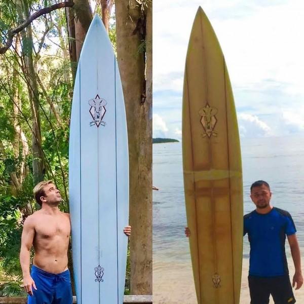 The previous and new owners of the surfboard that travelled from Hawaii to the Philippines